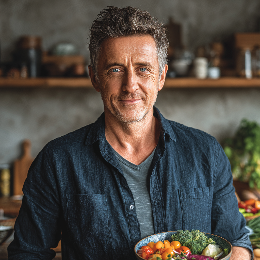 Content middle-aged man around 45 years old with short graying hair and a warm smile, wearing a casual navy button-up shirt, standing in a modern kitchen with fresh ingredients on the counter, looking satisfied and healthy while holding a colorful bowl of mixed vegetables