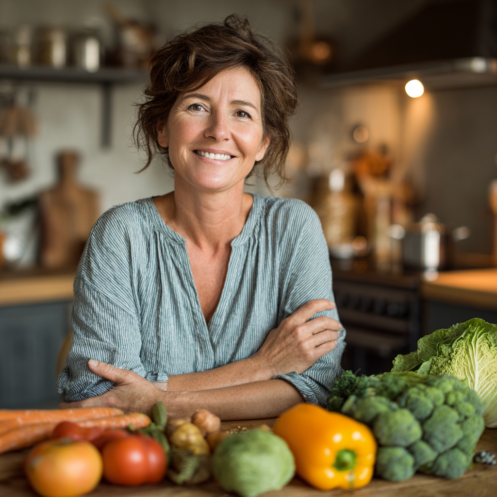 Smiling middle-aged woman in her early 50s with short brown hair, wearing a light blue blouse, sitting at a kitchen table with fresh vegetables and fruits spread out in front of her, looking confident and healthy while meal planning
